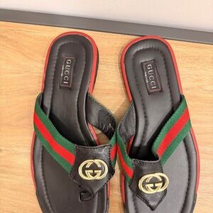 Gucci Black Leather Sandal with Green & Red Web Stripe and Gold GG
